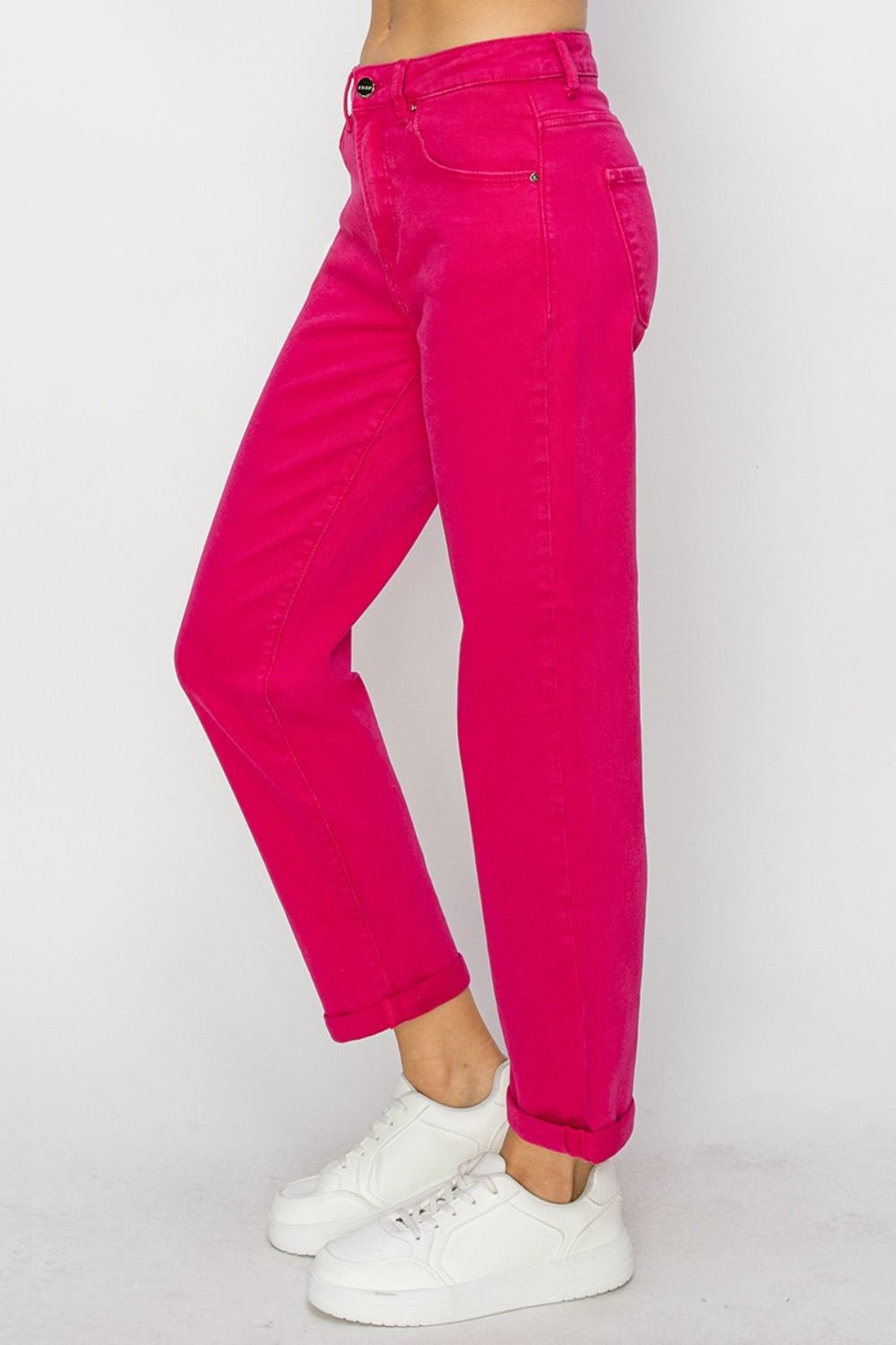 RISEN High Waist Rolled Hem Straight Jeans - jeans - FUCHSIA - Bella Bourget