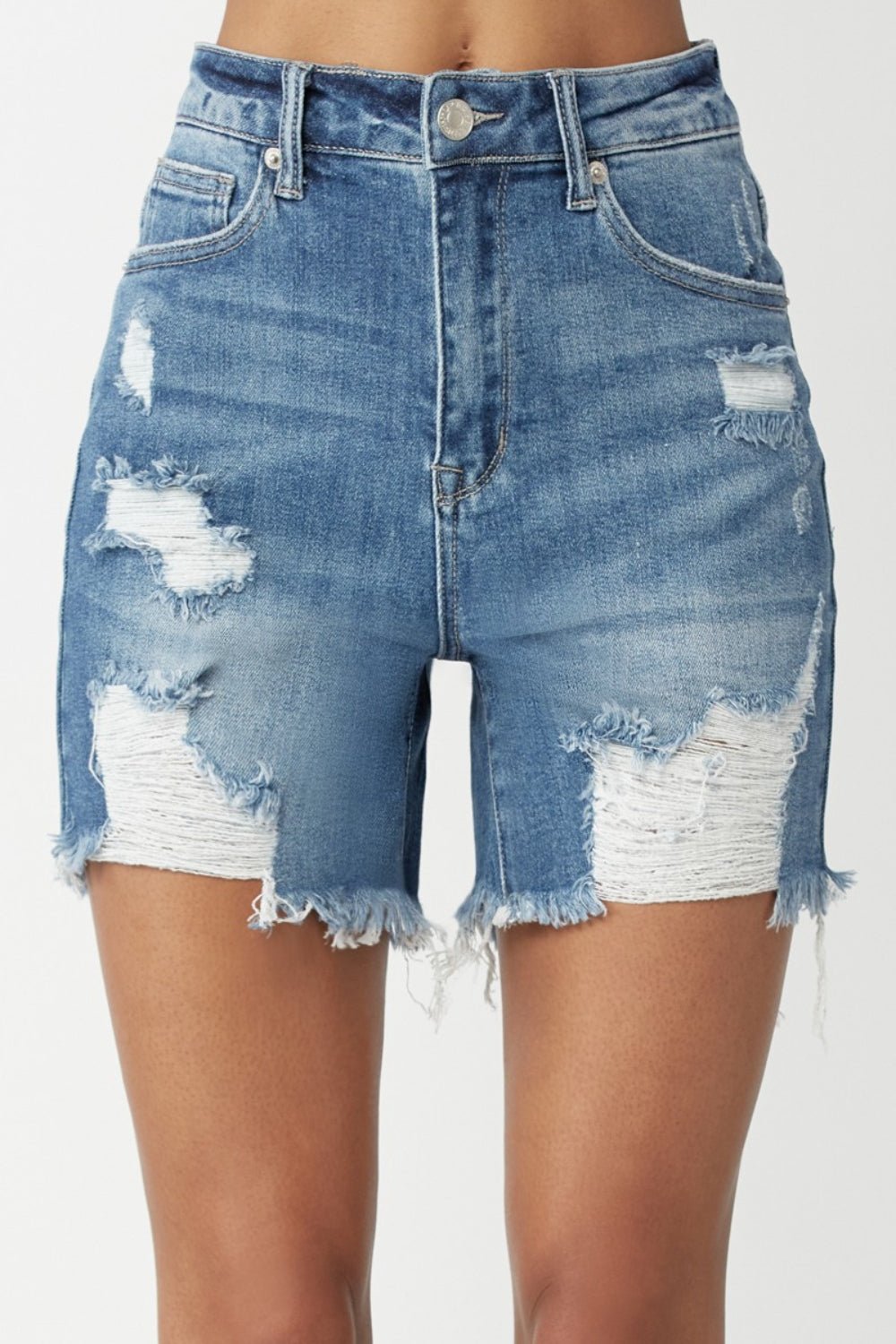 RISEN High Waisted Distressed Denim Shorts - Shorts - Medium - Bella Bourget