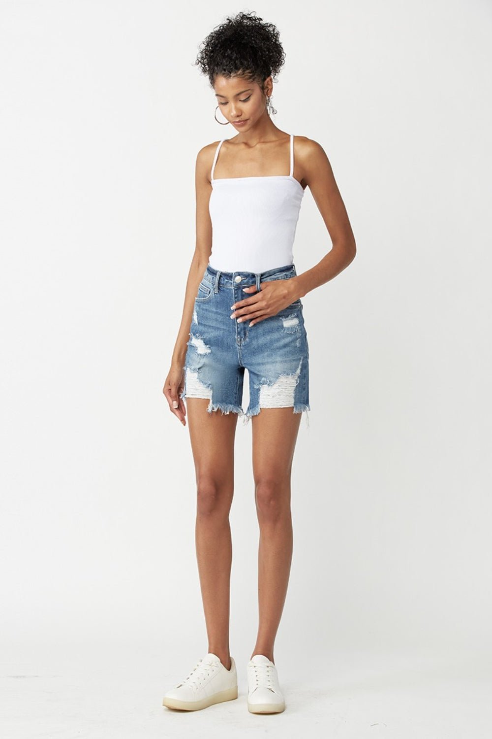 RISEN High Waisted Distressed Denim Shorts - Shorts - Medium - Bella Bourget