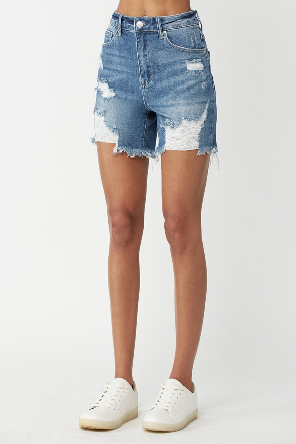 RISEN High Waisted Distressed Denim Shorts - Shorts - Medium - Bella Bourget