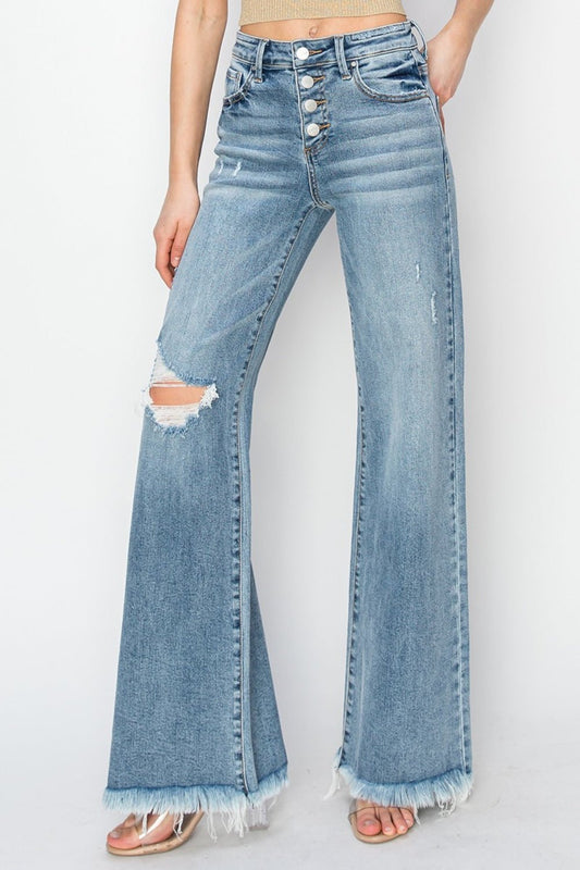 RISEN Mid Rise Button Fly Wide Leg Jeans - jeans - Medium - Bella Bourget