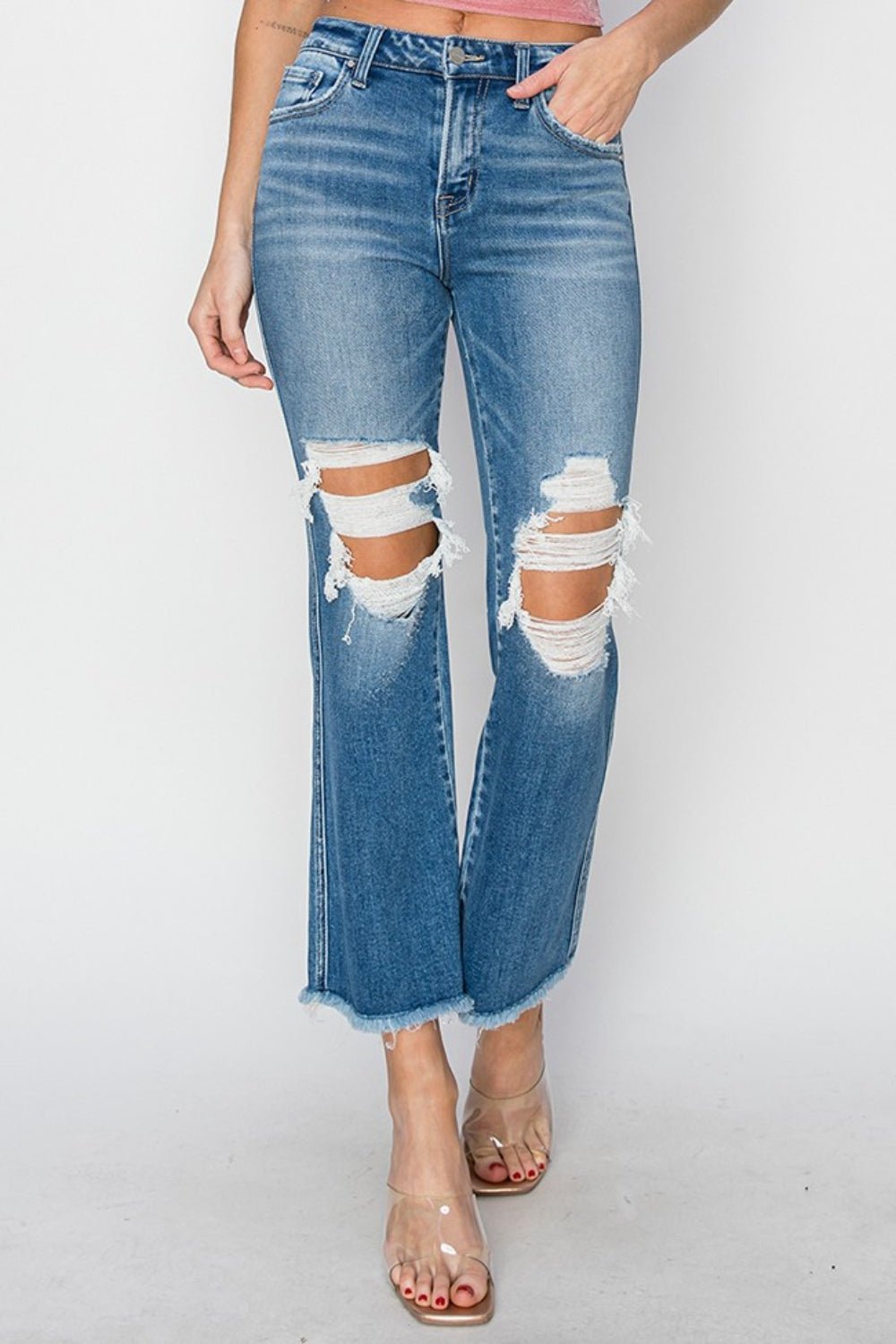 RISEN Mid Rise Distressed Cropped Flare Jeans - jeans - Medium - Bella Bourget