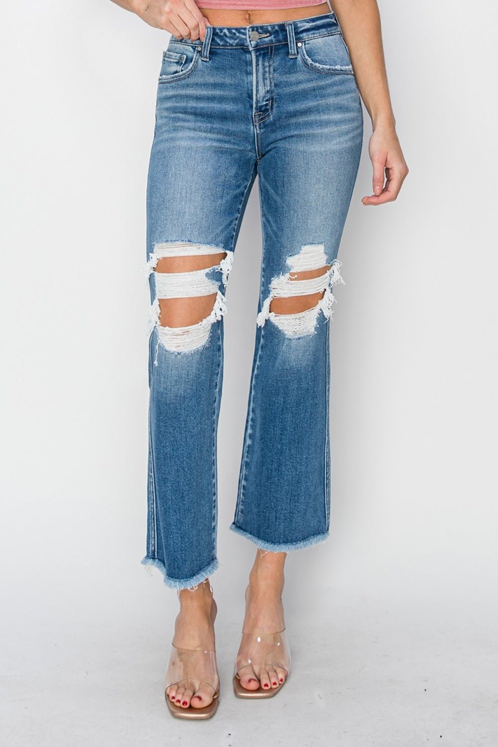 RISEN Mid Rise Distressed Cropped Flare Jeans - jeans - Medium - Bella Bourget