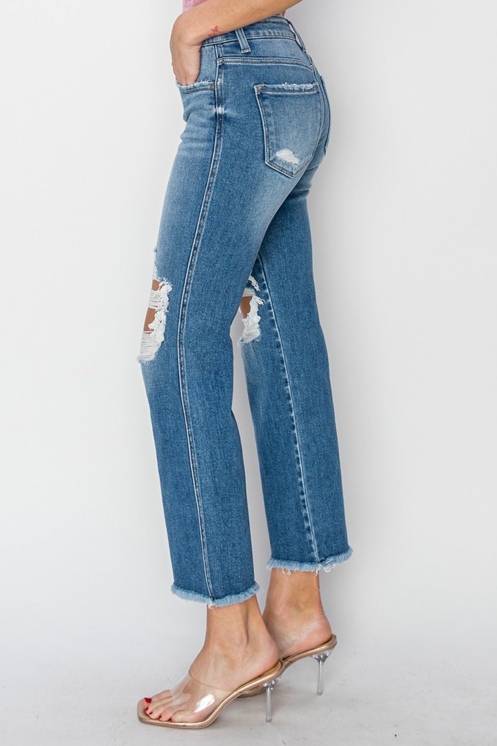 RISEN Mid Rise Distressed Cropped Flare Jeans - jeans - Medium - Bella Bourget