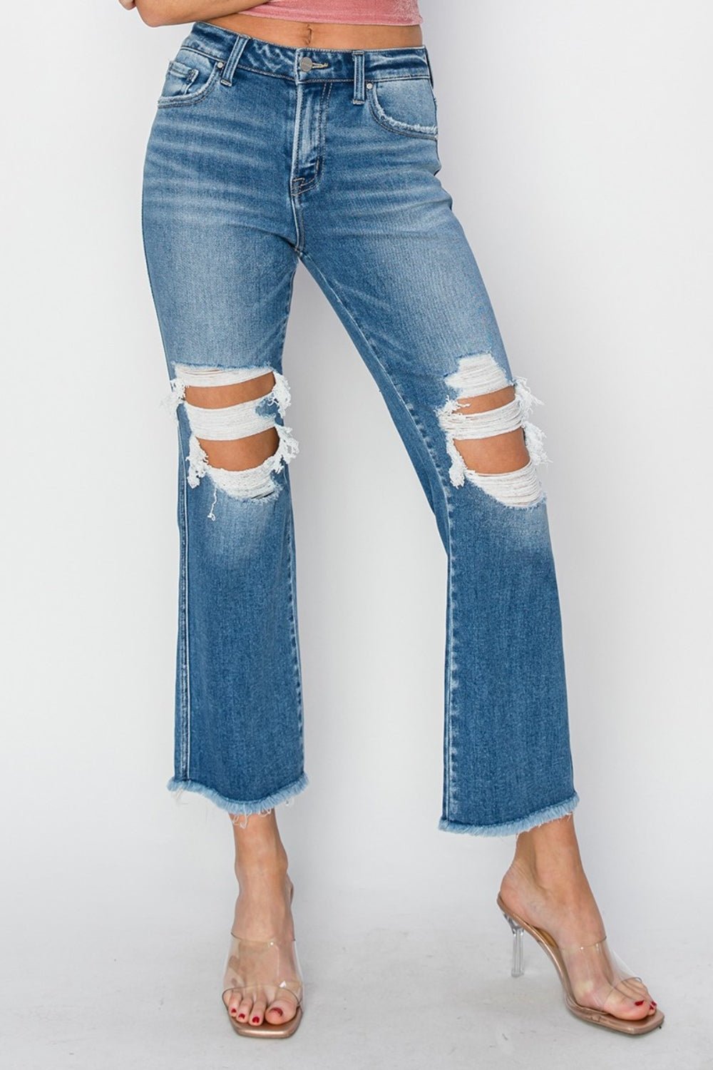 RISEN Mid Rise Distressed Cropped Flare Jeans - jeans - Medium - Bella Bourget