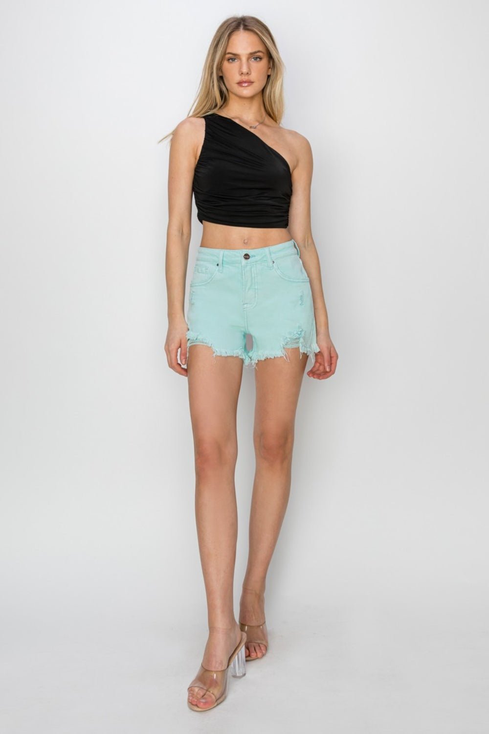 RISEN Mid Waist Frayed Hem Denim Shorts - Shorts - Mint - Bella Bourget