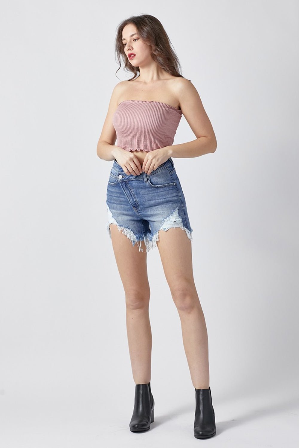 RISEN Raw Hem Asymmetrical Waist Denim Shorts - Shorts - Medium - Bella Bourget