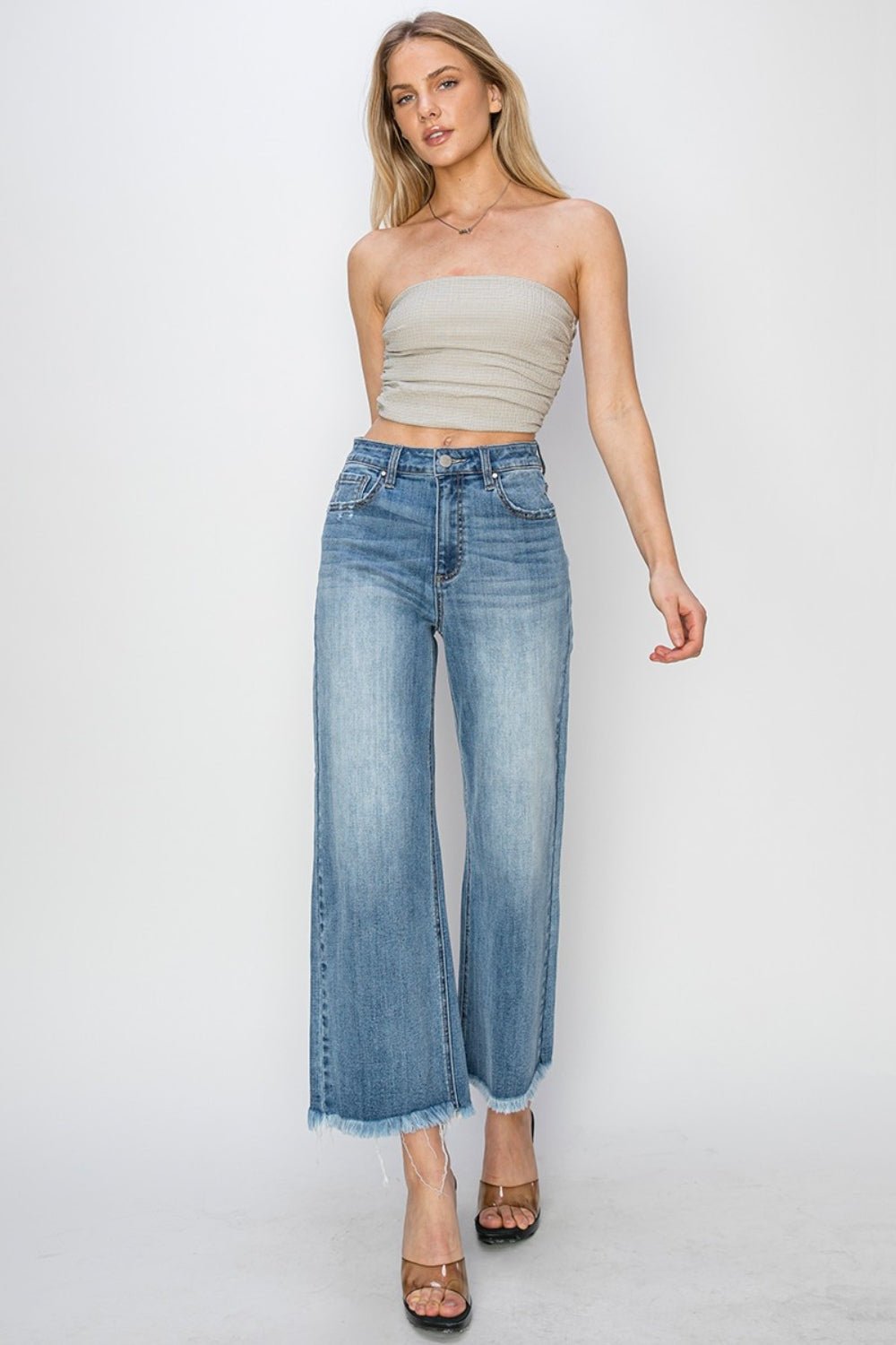 RISEN Raw Hem Cropped Wide Leg Jeans - Jeans - Medium - Bella Bourget