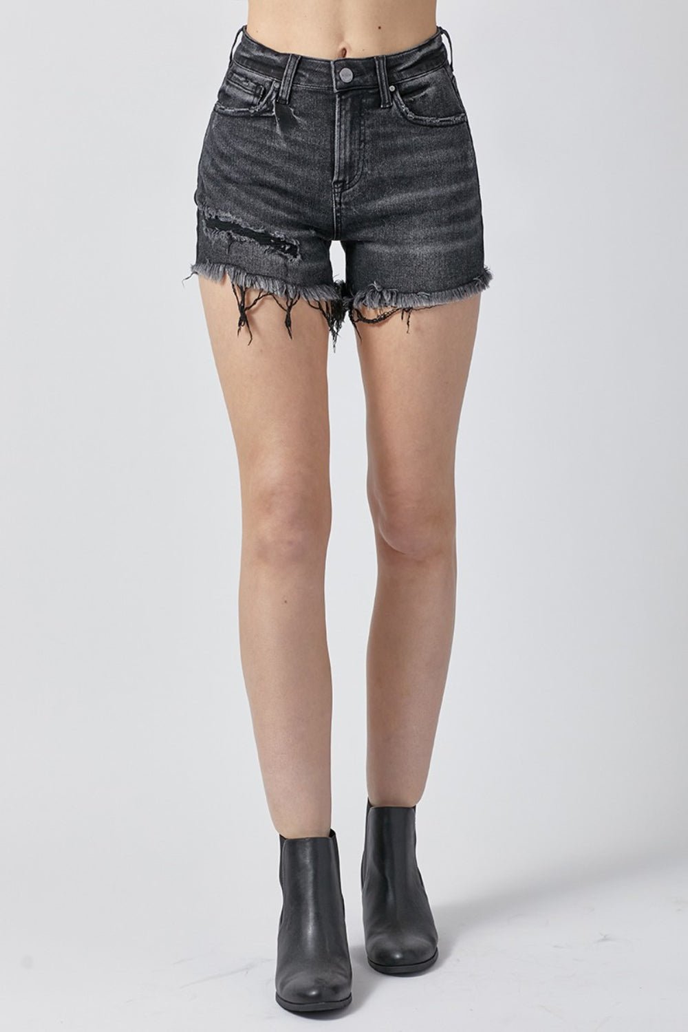 RISEN Raw Hem Denim Shorts with Pockets - Shorts - Black - Bella Bourget