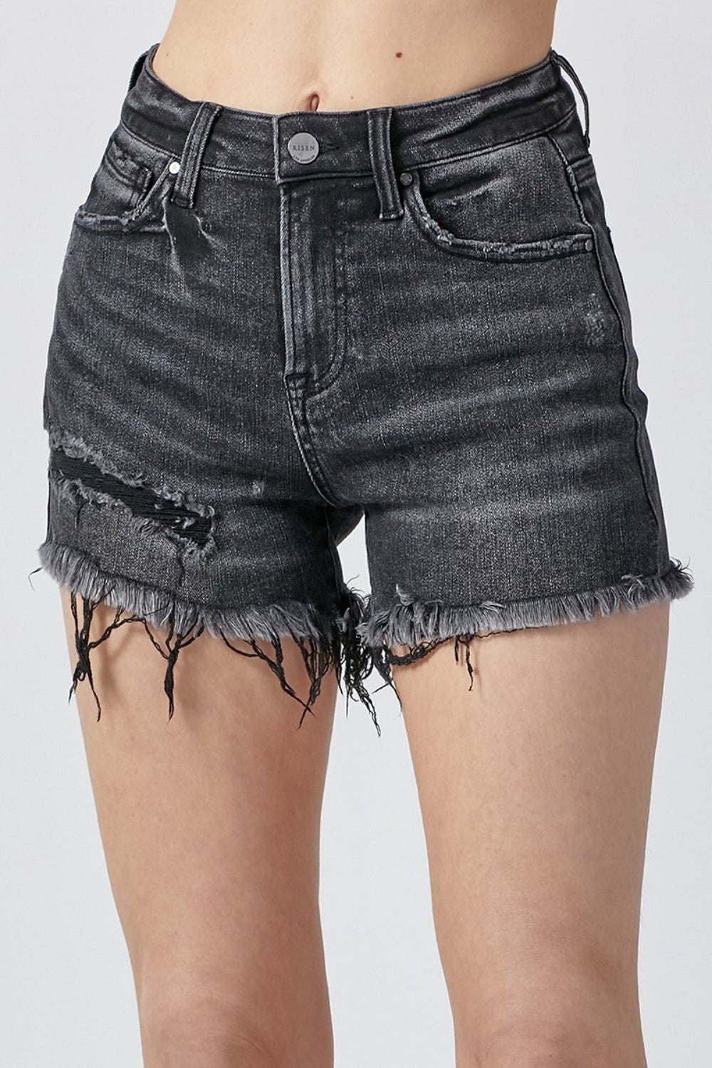 RISEN Raw Hem Denim Shorts with Pockets - Shorts - Black - Bella Bourget