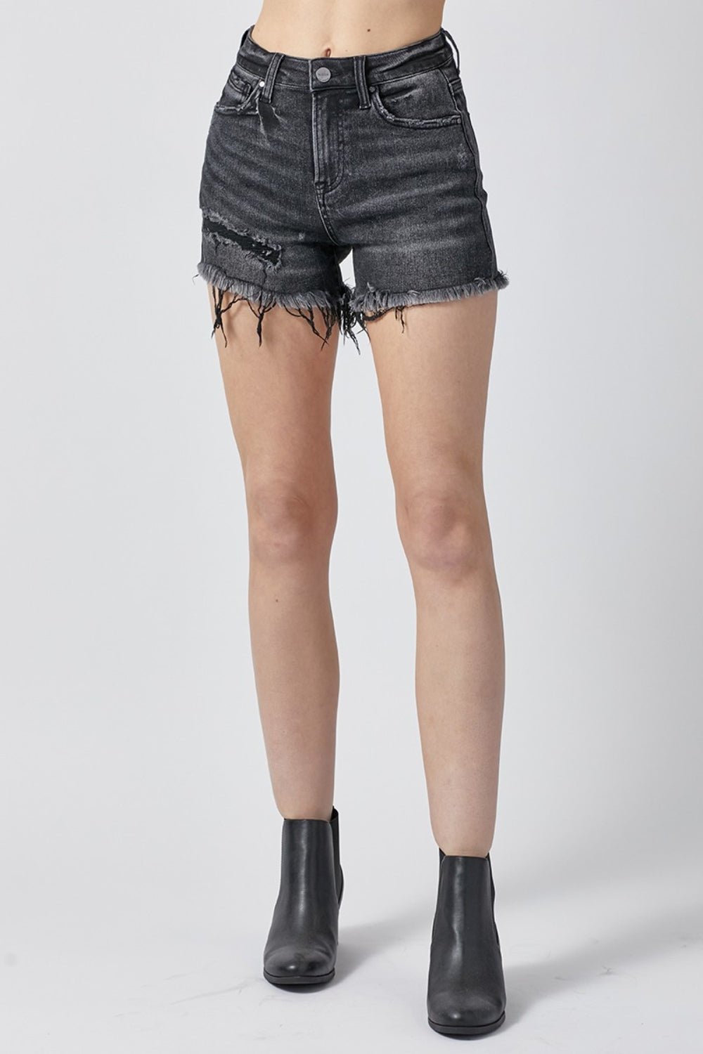 RISEN Raw Hem Denim Shorts with Pockets - Shorts - Black - Bella Bourget