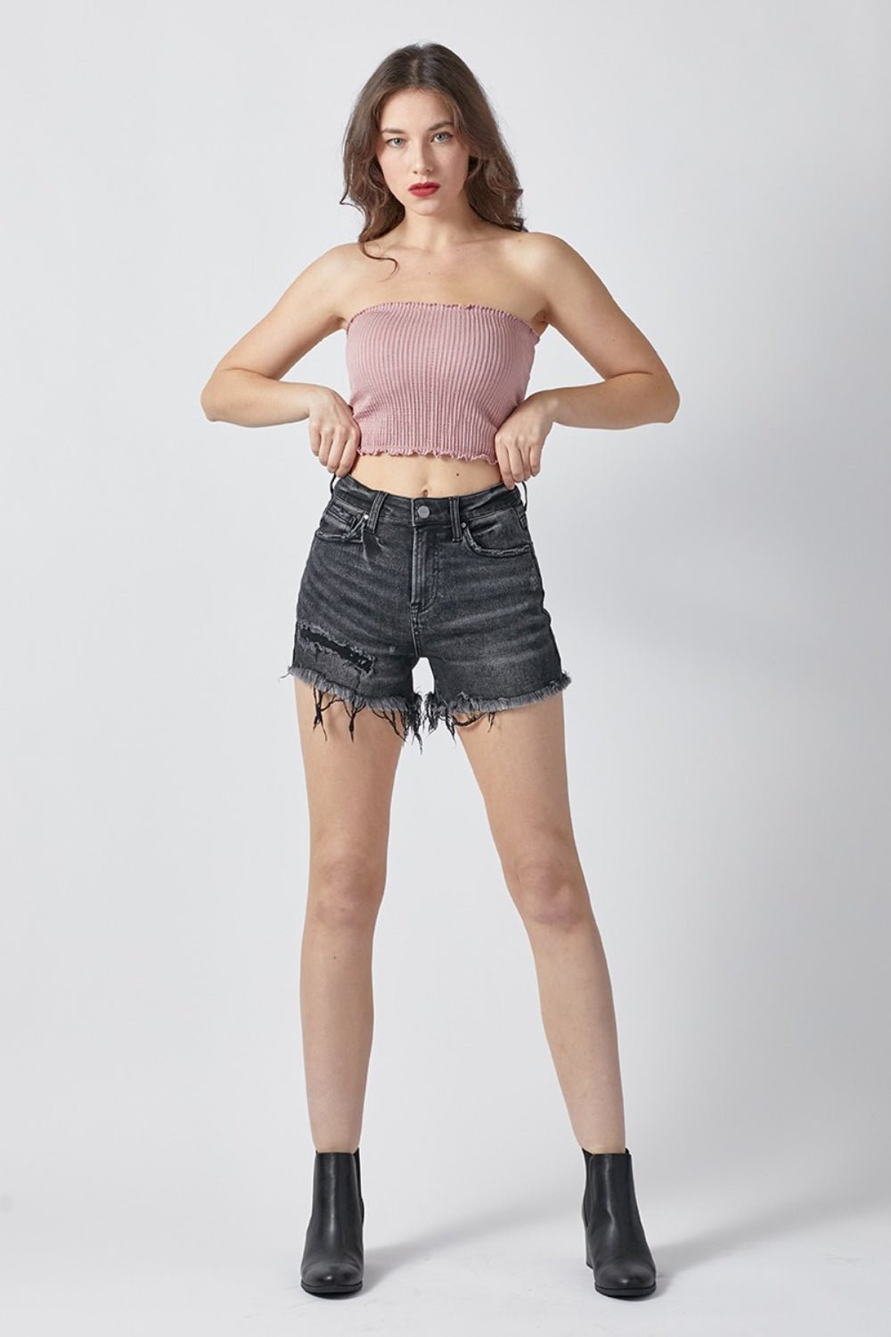 RISEN Raw Hem Denim Shorts with Pockets - Shorts - Black - Bella Bourget