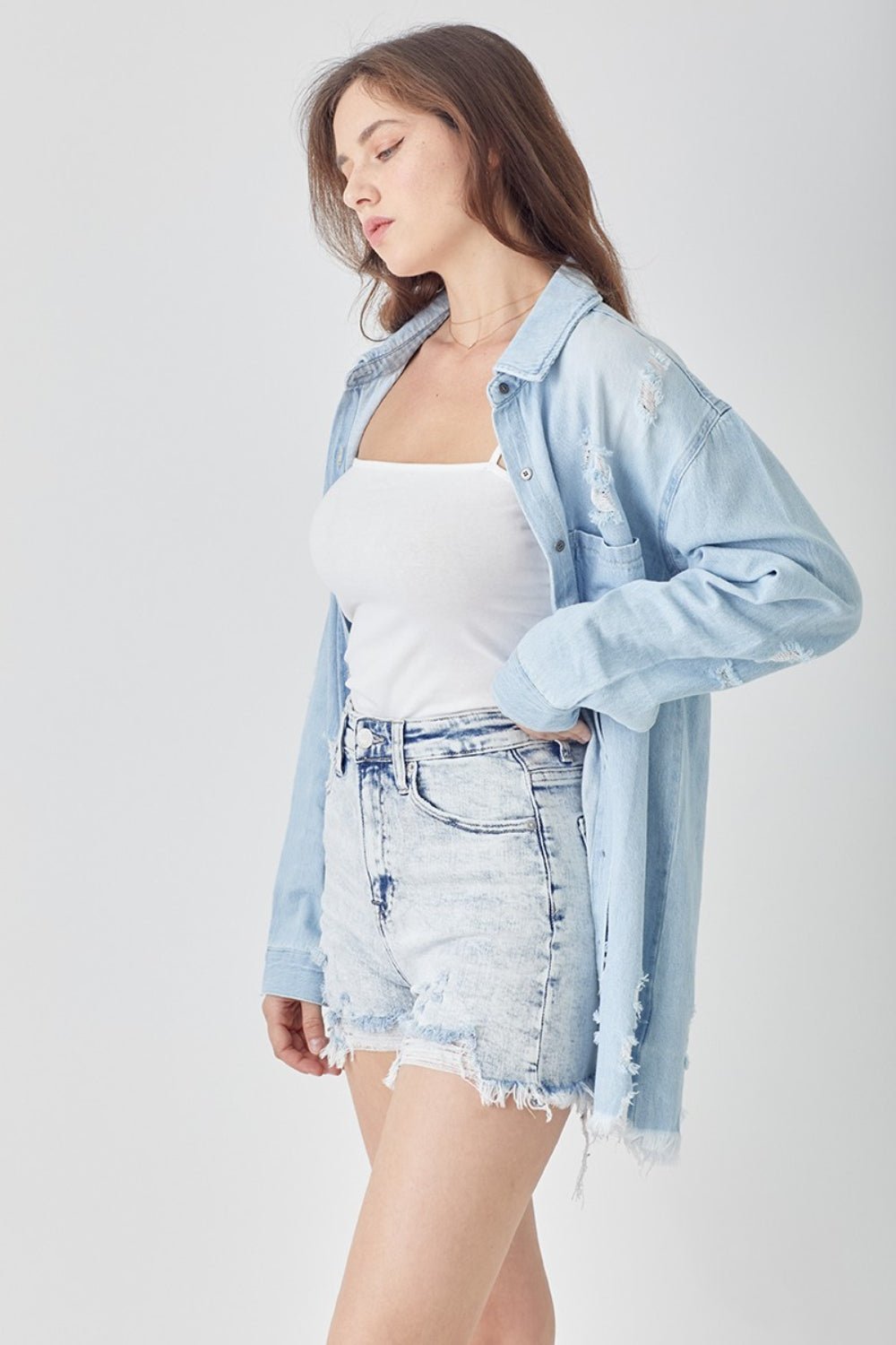 RISEN Raw Hem Distressed High Rise Denim Shorts - Shorts - Acid Light - Bella Bourget