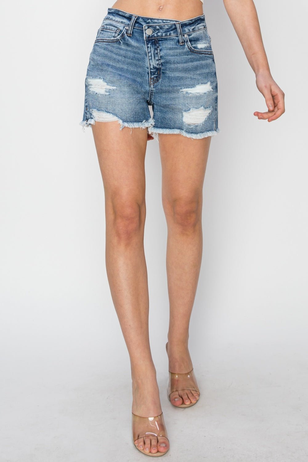 RISEN Stepped Waist Frayed Denim Shorts - Shorts - MEDIUM - Bella Bourget