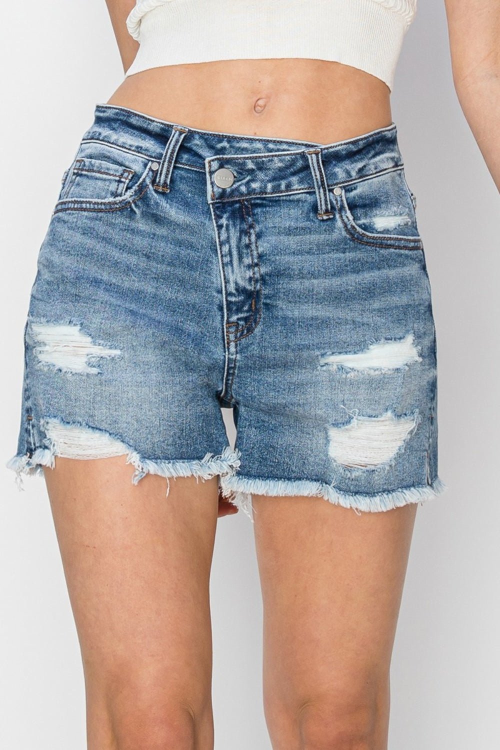 RISEN Stepped Waist Frayed Denim Shorts - Shorts - MEDIUM - Bella Bourget