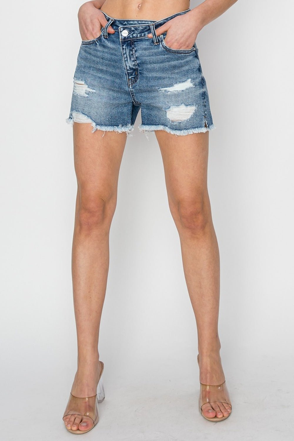 RISEN Stepped Waist Frayed Denim Shorts - Shorts - MEDIUM - Bella Bourget