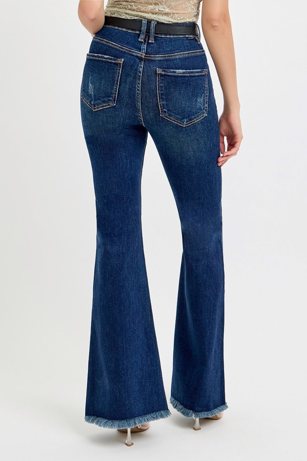 RISEN Tummy Control Frayed Hem Flare Jeans - Jeans - Dark - Bella Bourget