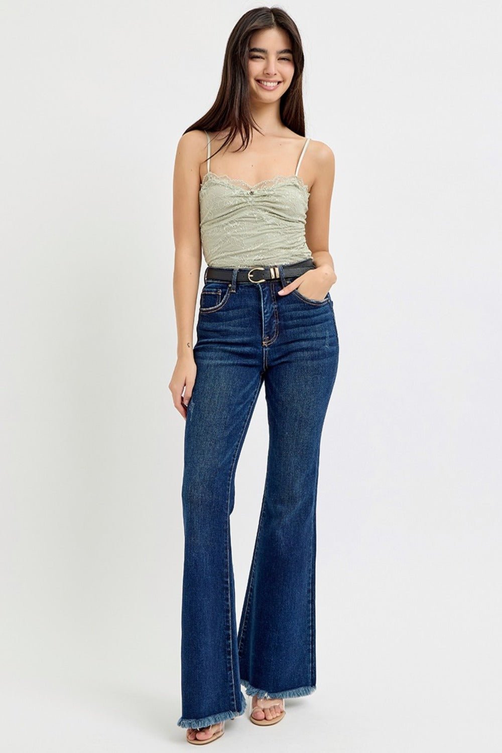 RISEN Tummy Control Frayed Hem Flare Jeans - Jeans - Dark - Bella Bourget