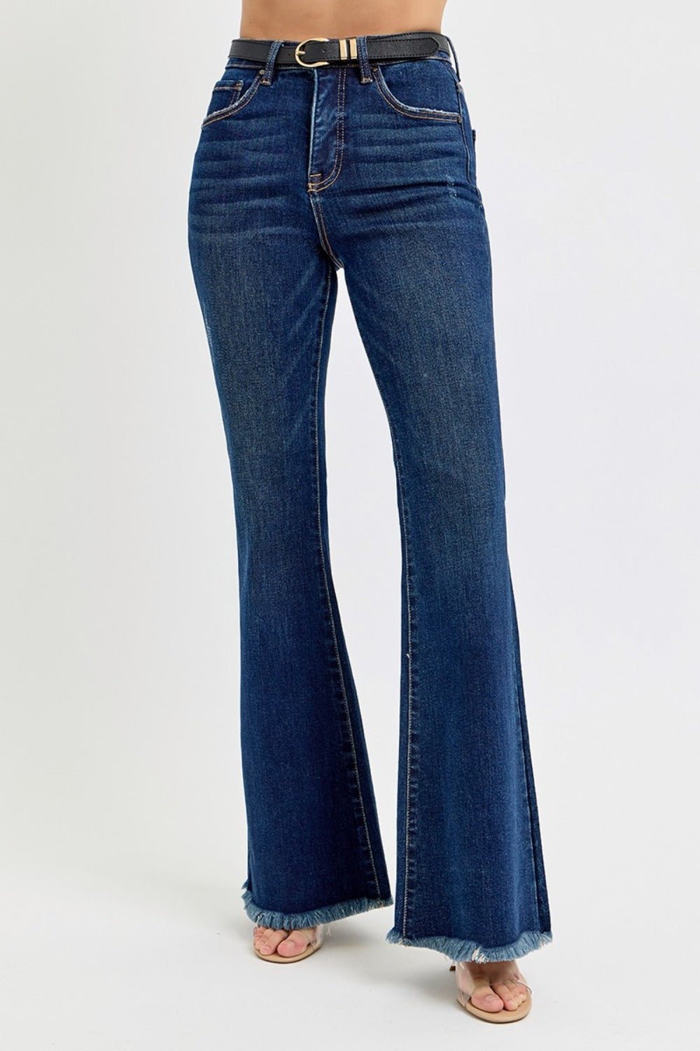 RISEN Tummy Control Frayed Hem Flare Jeans - Jeans - Dark - Bella Bourget