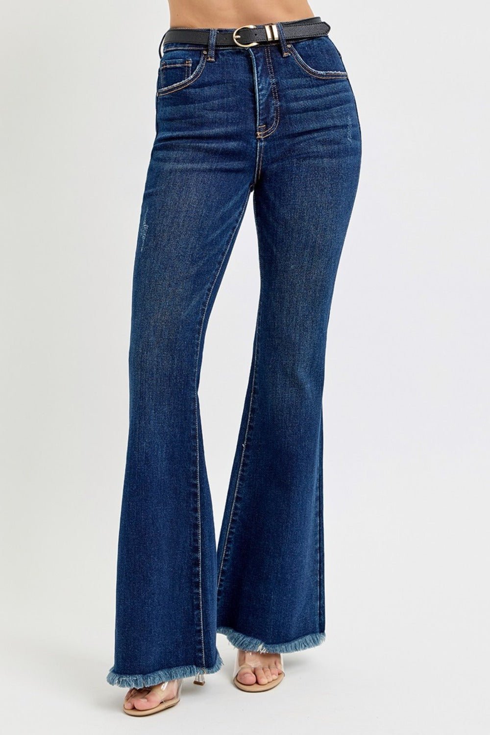 RISEN Tummy Control Frayed Hem Flare Jeans - Jeans - Dark - Bella Bourget