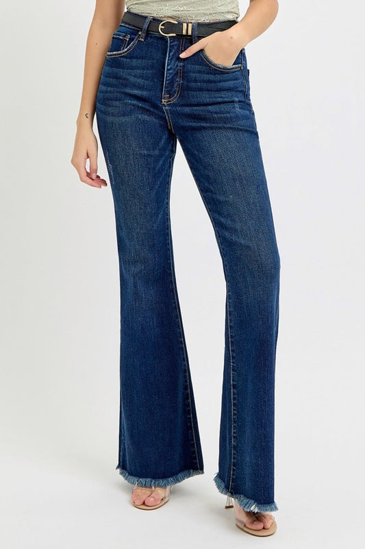 RISEN Tummy Control Frayed Hem Flare Jeans - Jeans - Dark - Bella Bourget