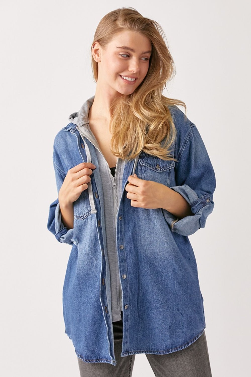 RISEN Zip Up Hooded Denim Shirt - Hoodie - Dark - Bella Bourget