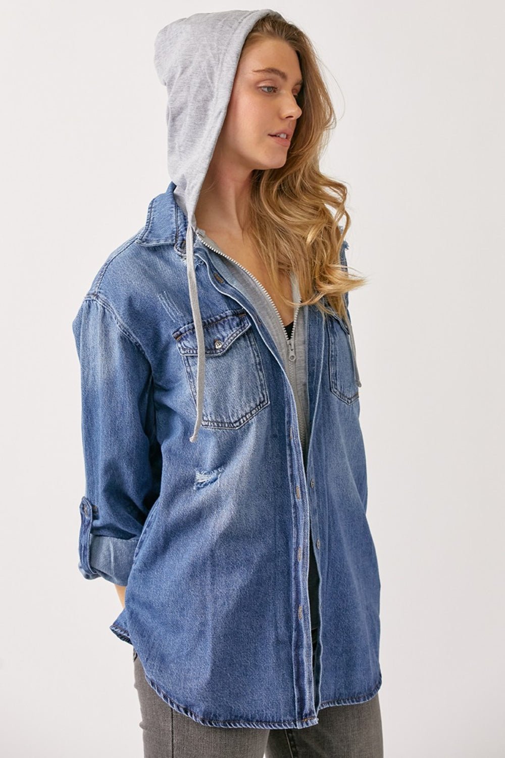 RISEN Zip Up Hooded Denim Shirt - Hoodie - Dark - Bella Bourget