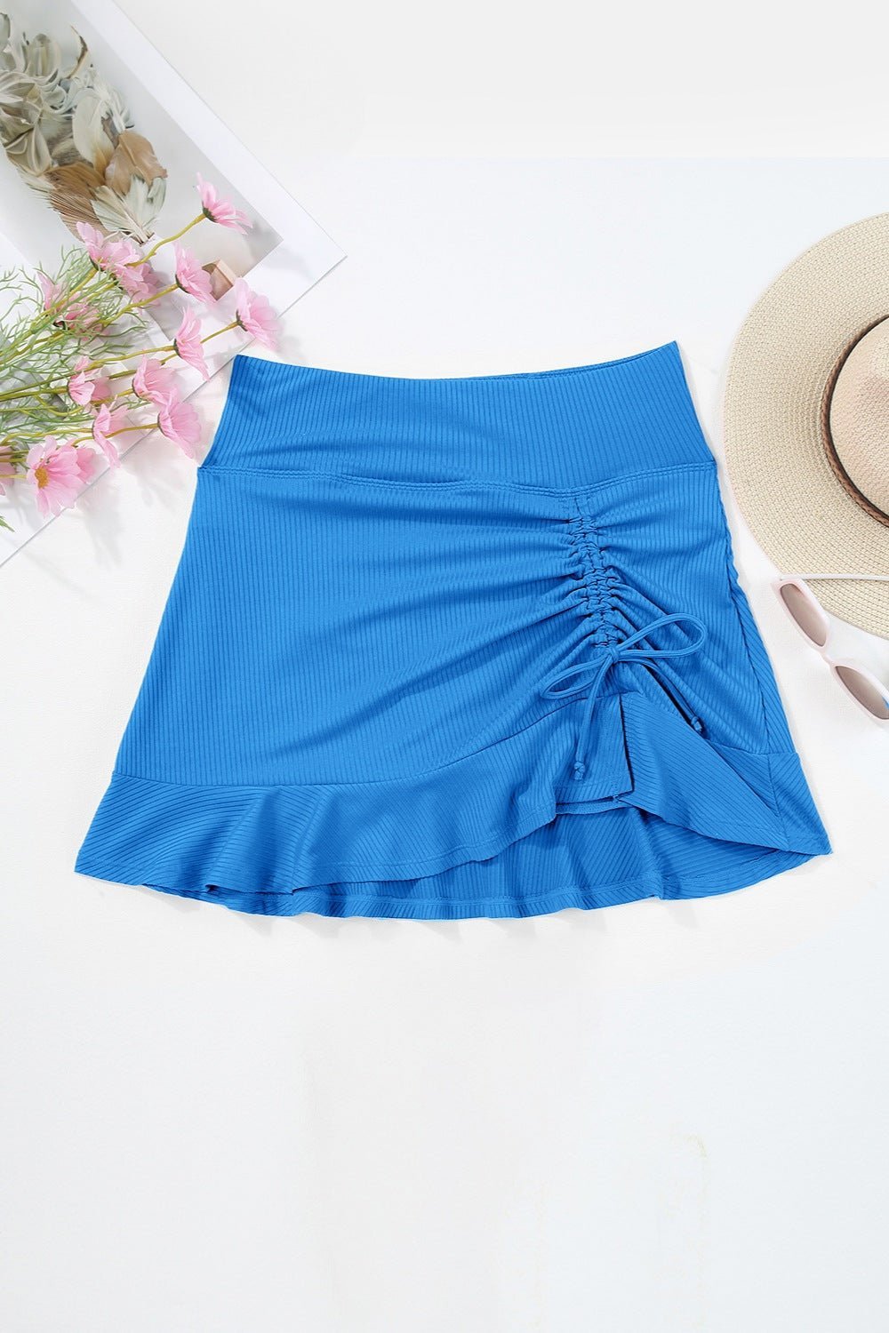 Ruched Elastic Waist Swim Skirt - Swim Bottoms - Sky Blue - Bella Bourget