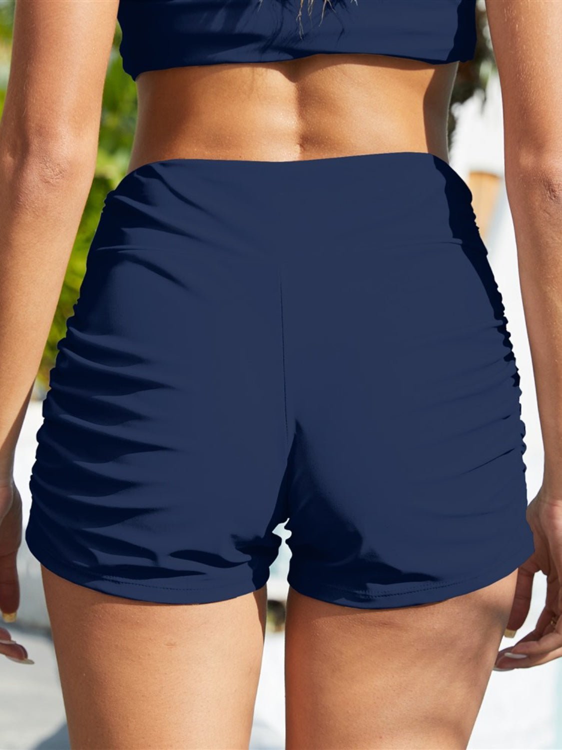 Ruched Mid - Rise Waist Swim Shorts - Swim Bottoms - Navy - Bella Bourget