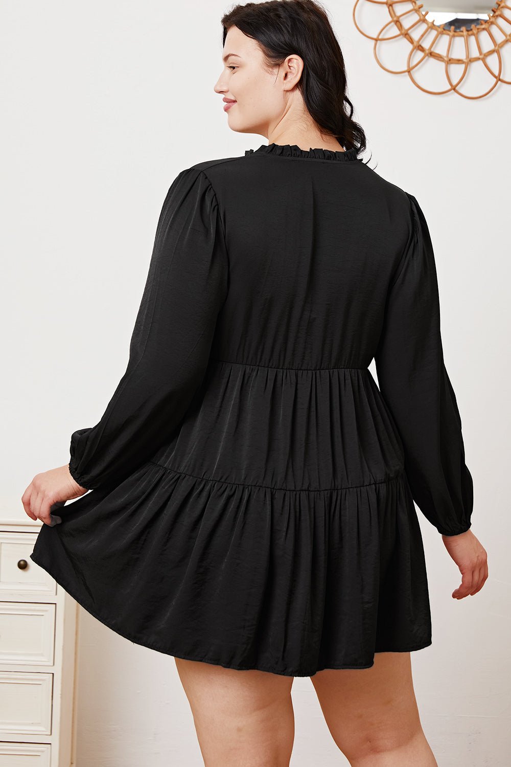 Ruffled Button Up Long Sleeve Tiered Shirt - Top - Black - Bella Bourget