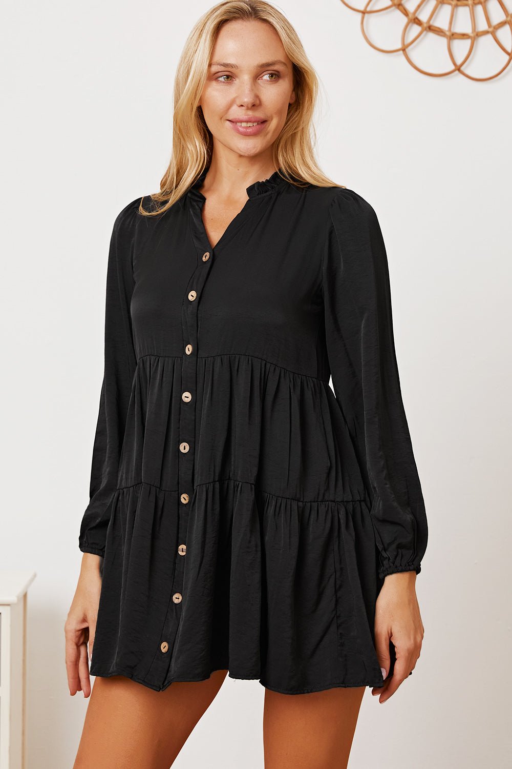 Ruffled Button Up Long Sleeve Tiered Shirt - Top - Black - Bella Bourget