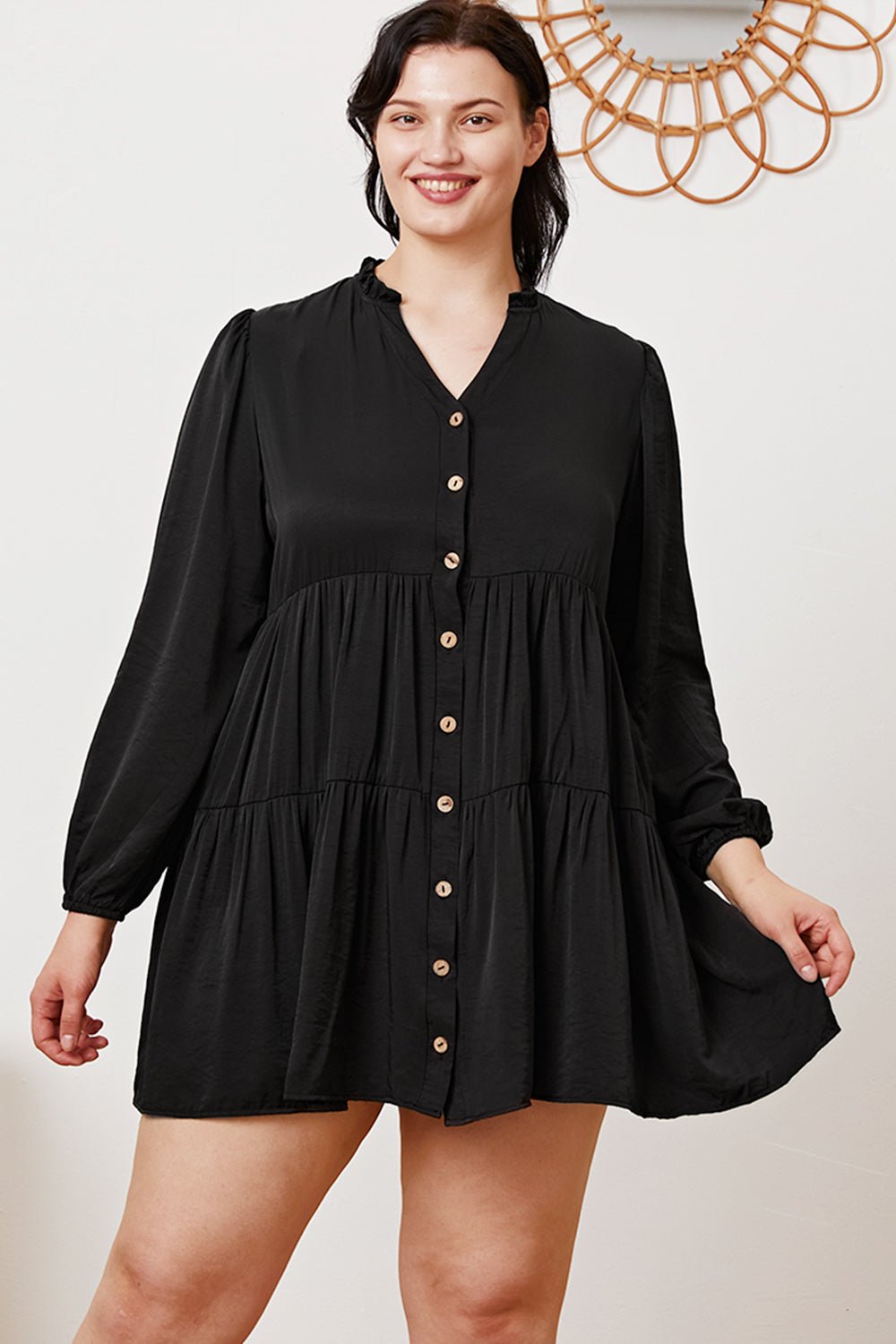 Ruffled Button Up Long Sleeve Tiered Shirt - Top - Black - Bella Bourget