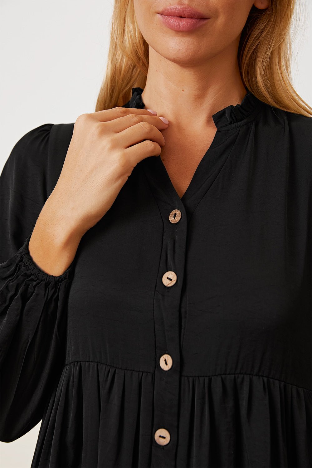 Ruffled Button Up Long Sleeve Tiered Shirt - Top - Black - Bella Bourget