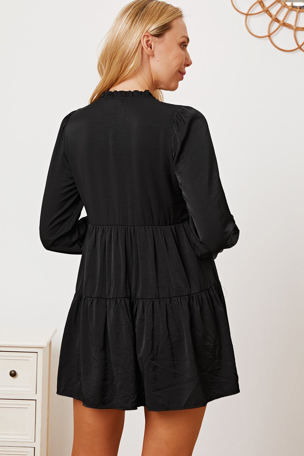 Ruffled Button Up Long Sleeve Tiered Shirt - Top - Black - Bella Bourget