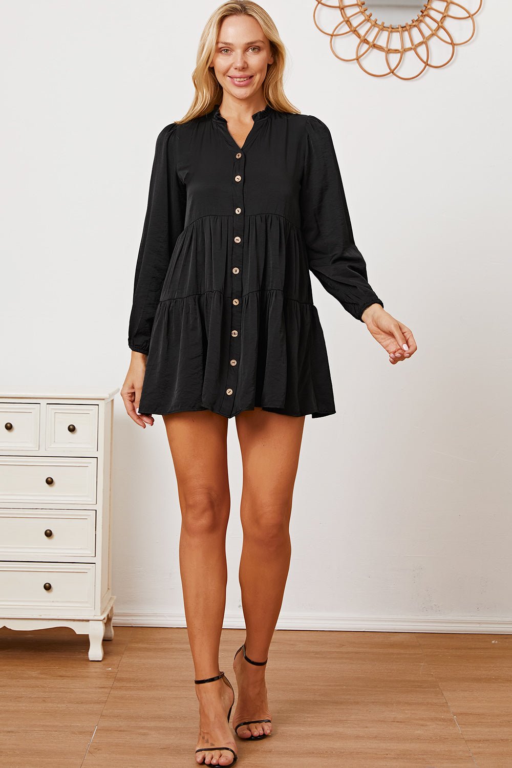 Ruffled Button Up Long Sleeve Tiered Shirt - Top - Black - Bella Bourget