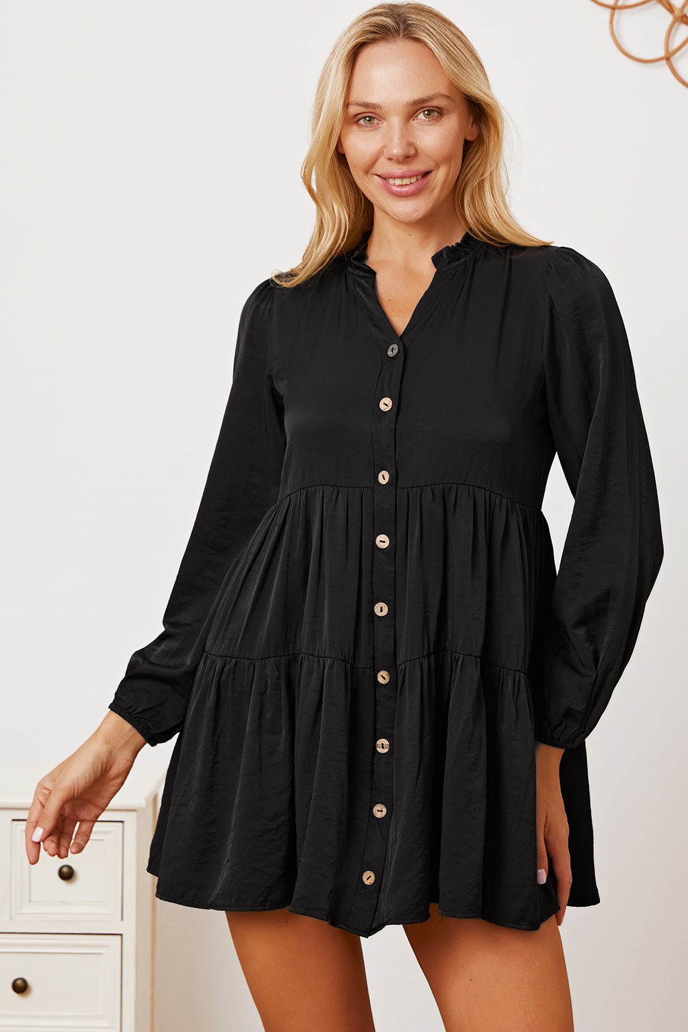 Ruffled Button Up Long Sleeve Tiered Shirt - Top - Black - Bella Bourget