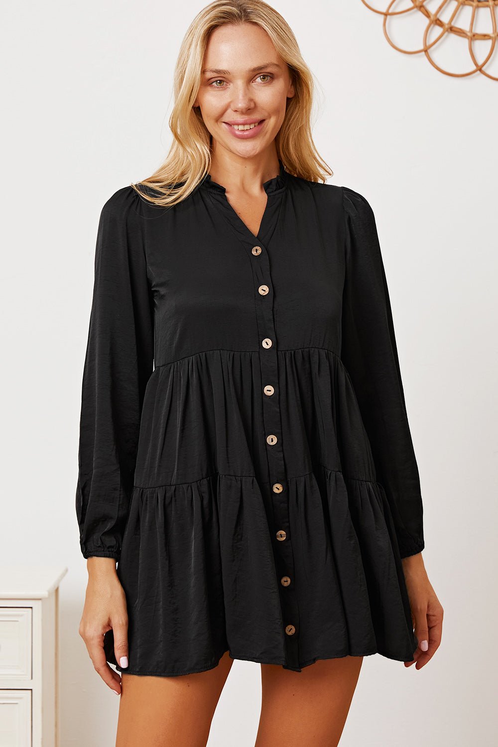 Ruffled Button Up Long Sleeve Tiered Shirt - Top - Black - Bella Bourget