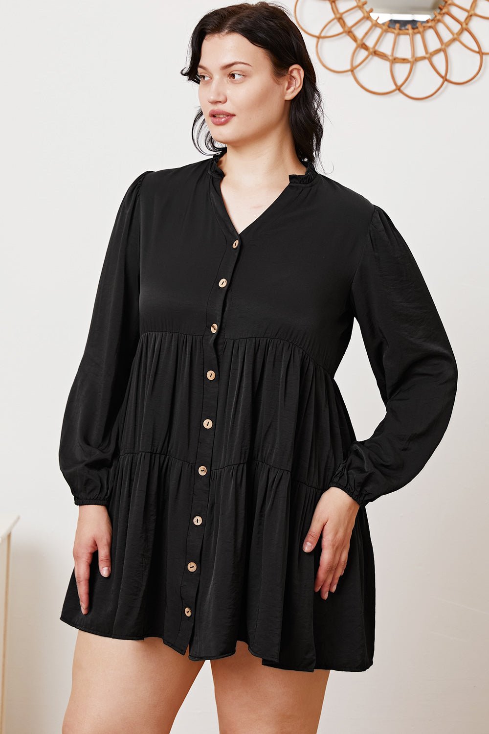 Ruffled Button Up Long Sleeve Tiered Shirt - Top - Black - Bella Bourget