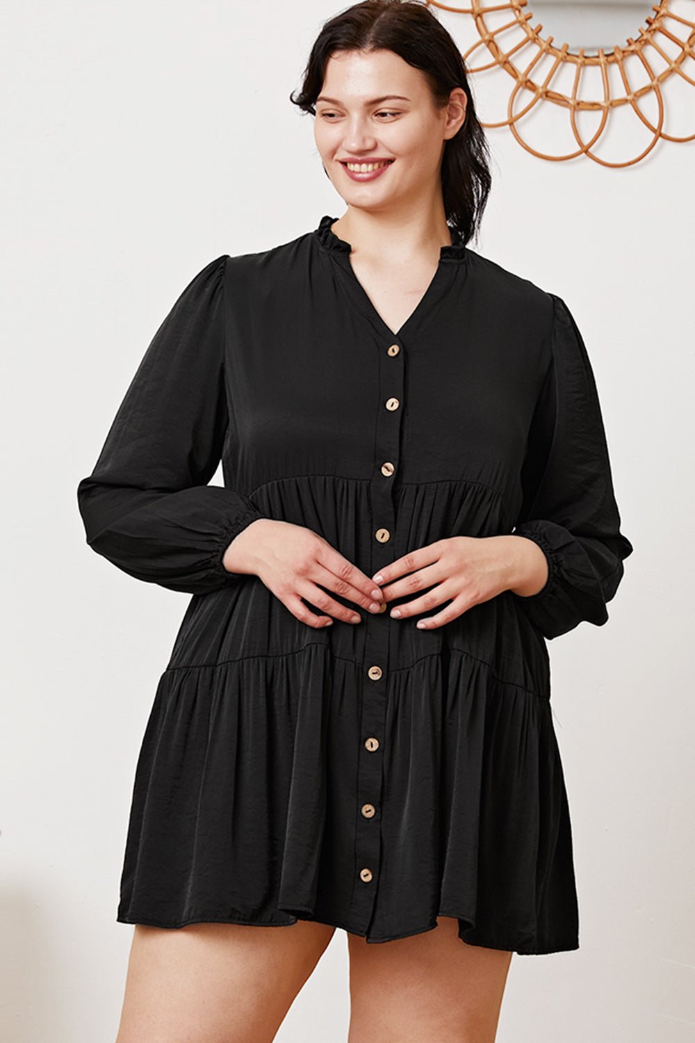 Ruffled Button Up Long Sleeve Tiered Shirt - Top - Black - Bella Bourget