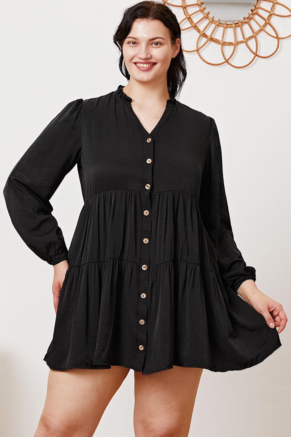 Ruffled Button Up Long Sleeve Tiered Shirt - Top - Black - Bella Bourget