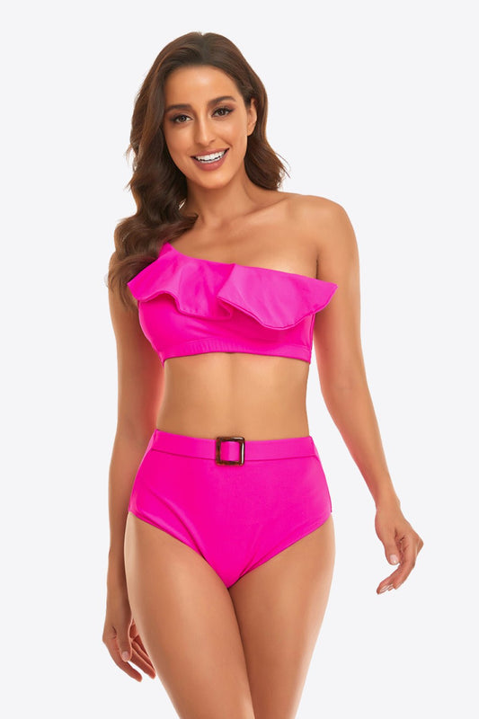 Ruffled One - Shoulder Buckled Bikini - Two - Piece Swimsuit - Hot Pink - Bella Bourget