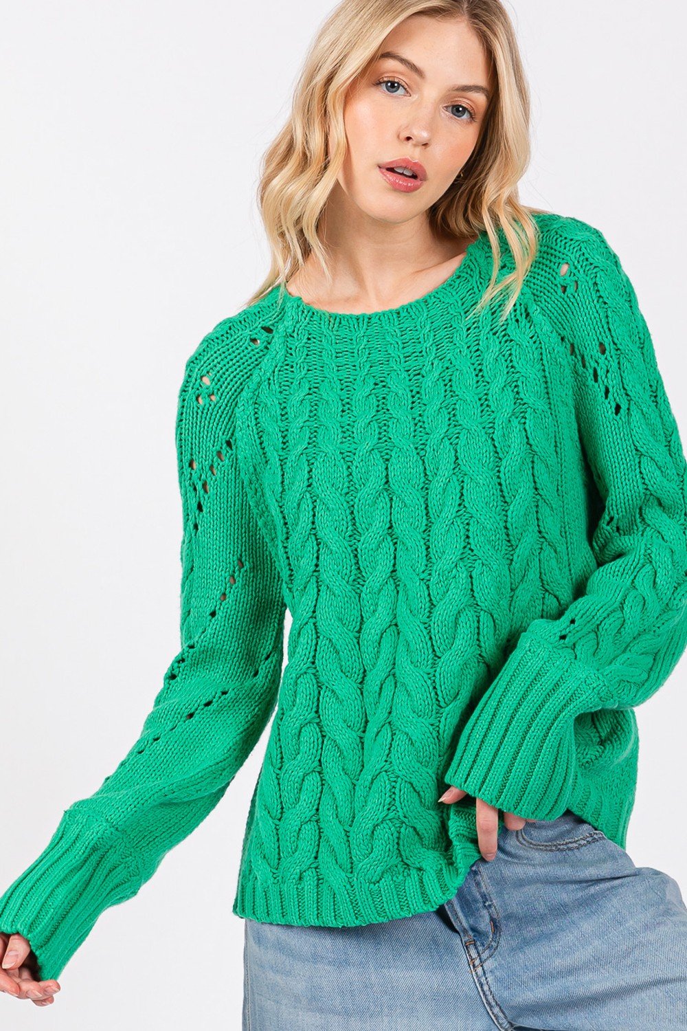 SAGE + FIG Cable - Knit Long Sleeve Sweater - Sweater - Emerald - Bella Bourget