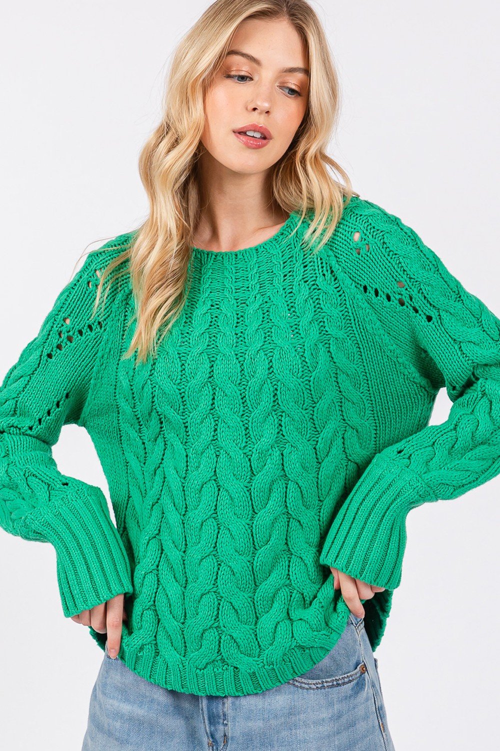 SAGE + FIG Cable - Knit Long Sleeve Sweater - Sweater - Emerald - Bella Bourget