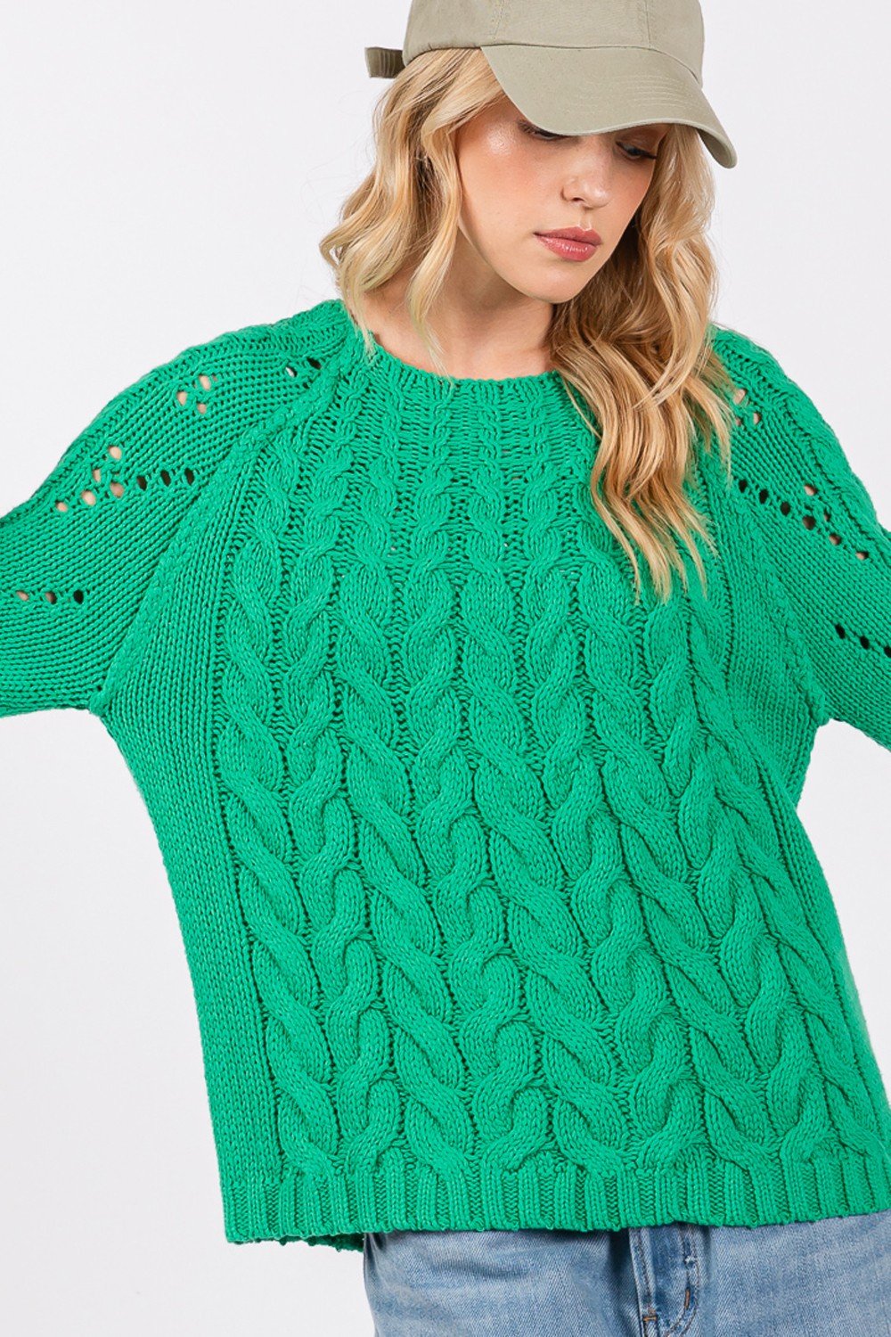 SAGE + FIG Cable - Knit Long Sleeve Sweater - Sweater - Emerald - Bella Bourget