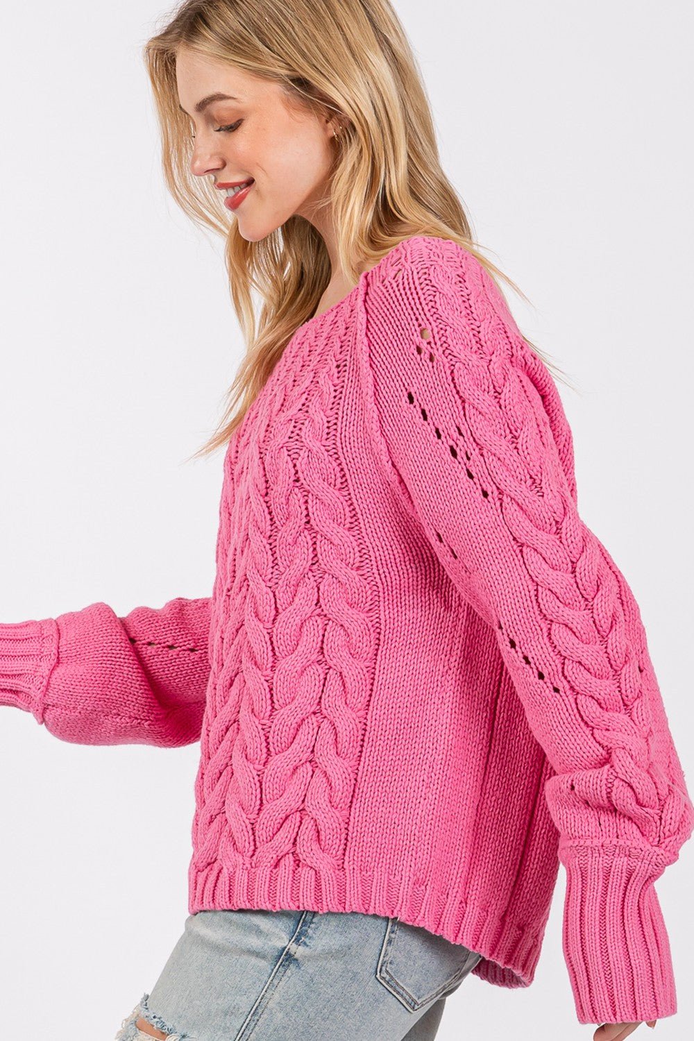 SAGE + FIG Cable - Knit Long Sleeve Sweater - Sweater - Deep Pink - Bella Bourget