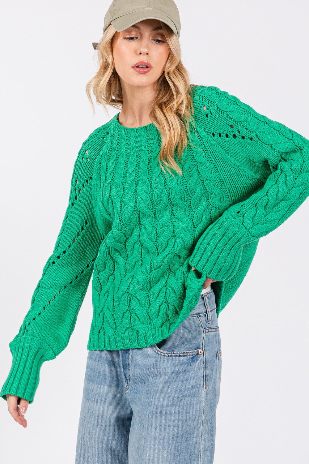 SAGE + FIG Cable - Knit Long Sleeve Sweater - Sweater - Emerald - Bella Bourget