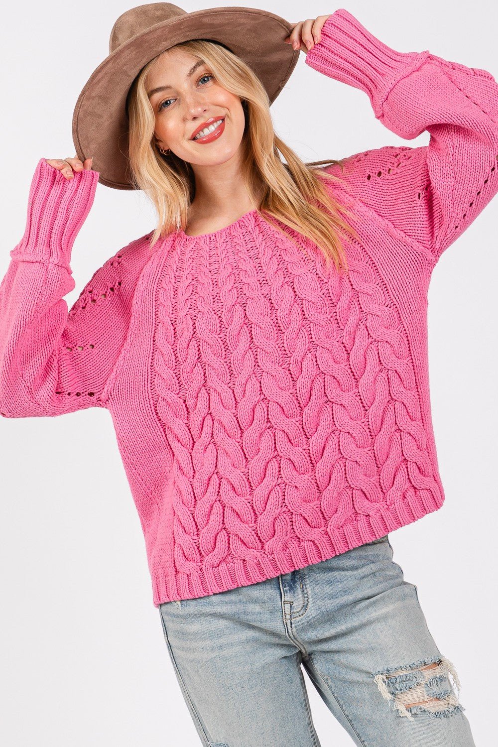 SAGE + FIG Cable - Knit Long Sleeve Sweater - Sweater - Deep Pink - Bella Bourget