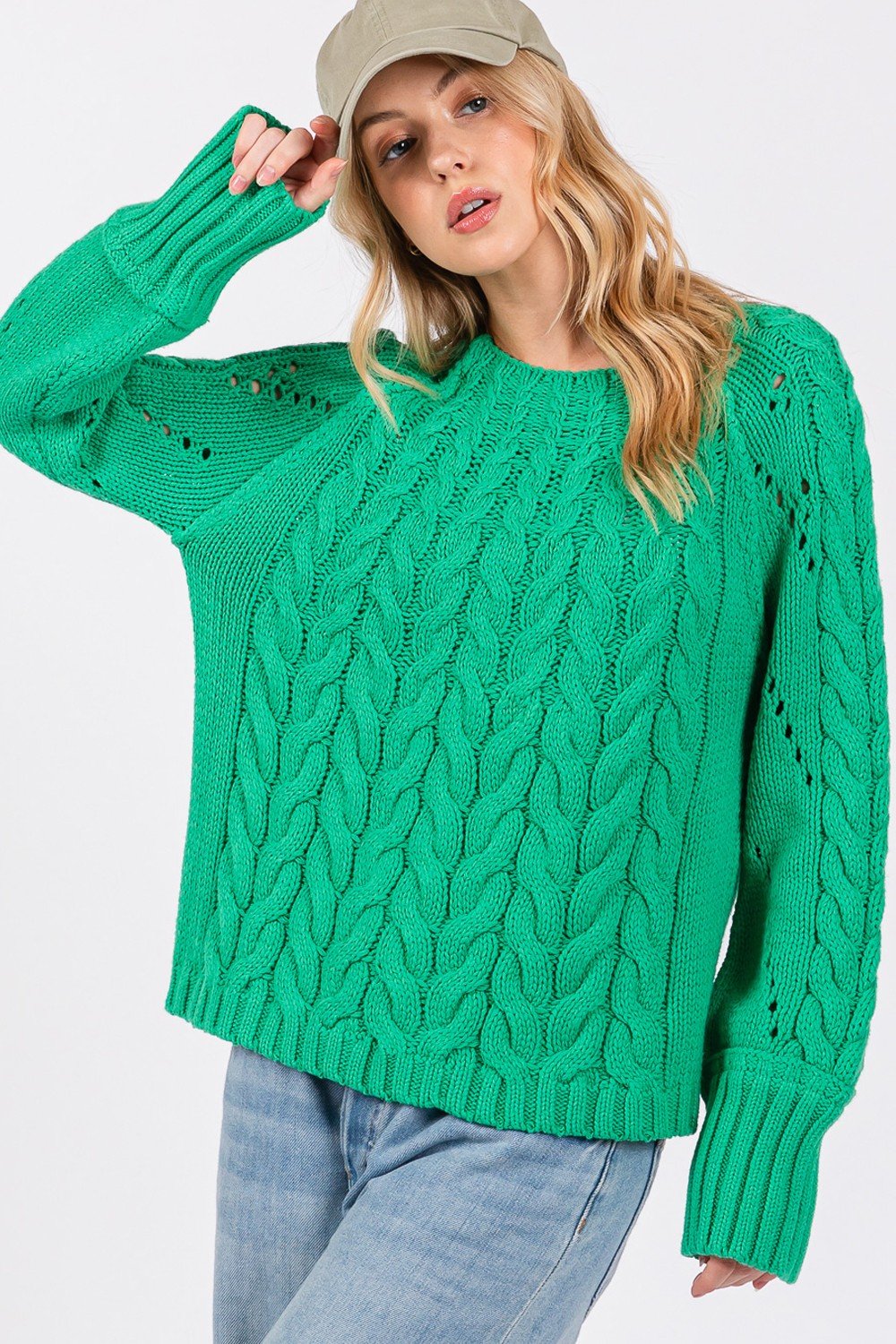 SAGE + FIG Cable - Knit Long Sleeve Sweater - Sweater - Emerald - Bella Bourget