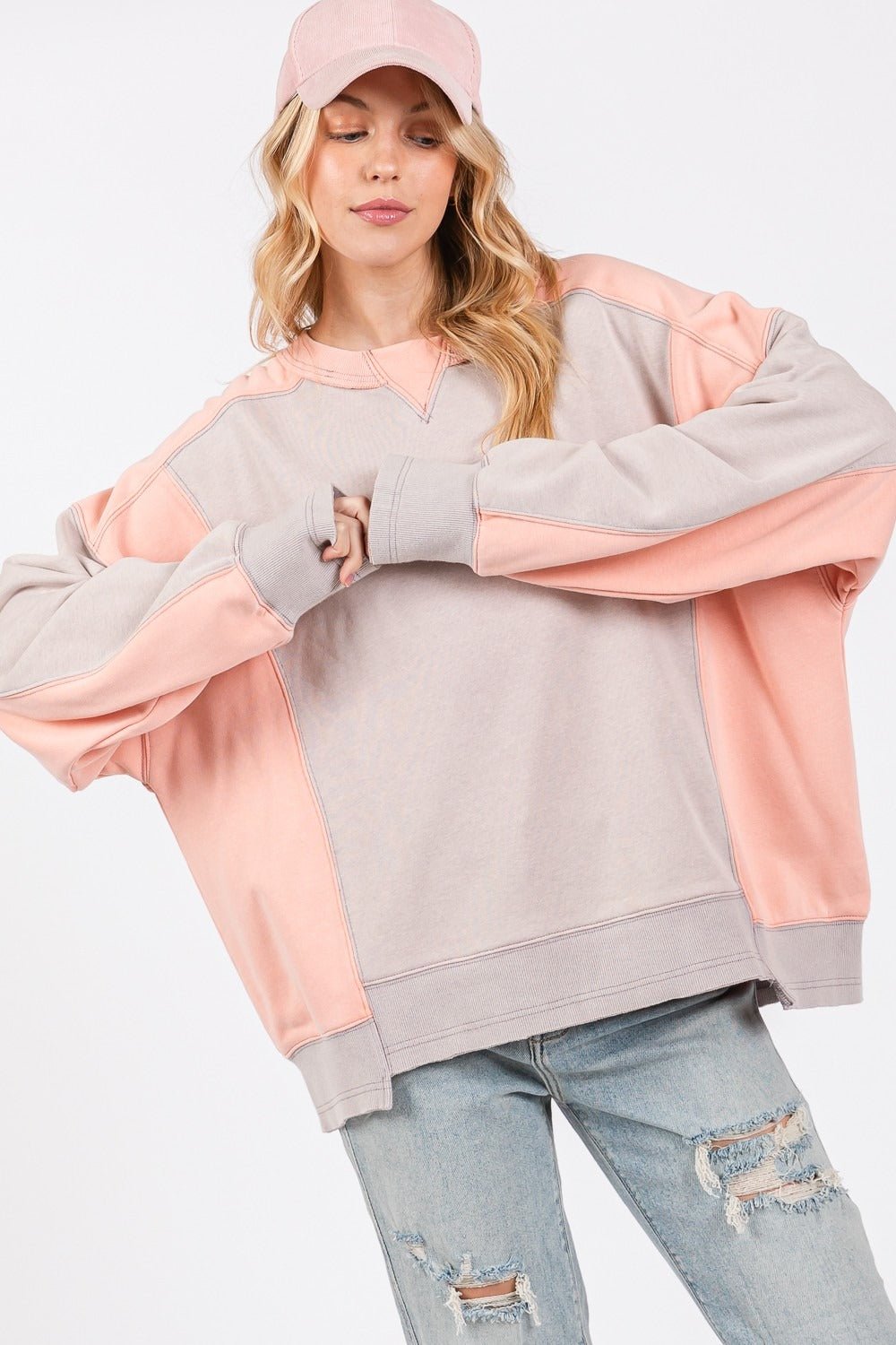 SAGE + FIG Color Block Round Neck Sweatshirt - Sweatshirt - Gray/Peach - Bella Bourget