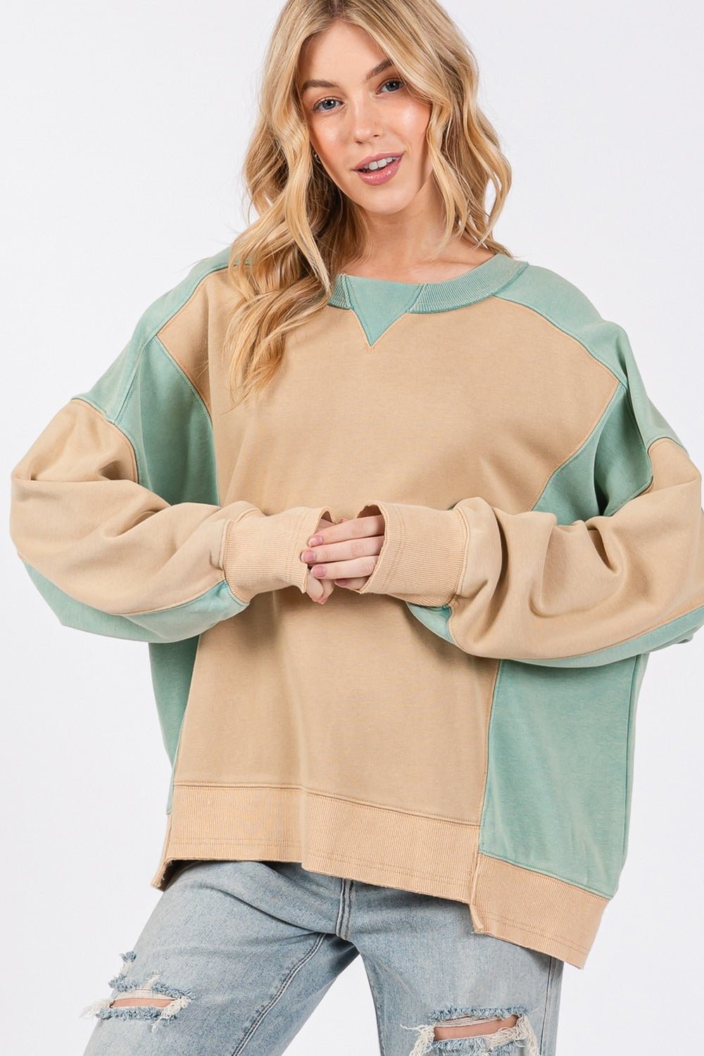 SAGE + FIG Color Block Round Neck Sweatshirt - Sweatshirt - Cookie/Green - Bella Bourget